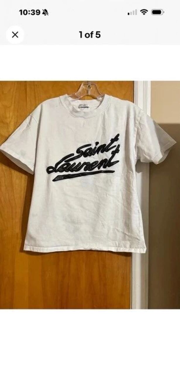 Authentic Saint Laurent Signature Tee Distressed Sz S White Black Signature Logo